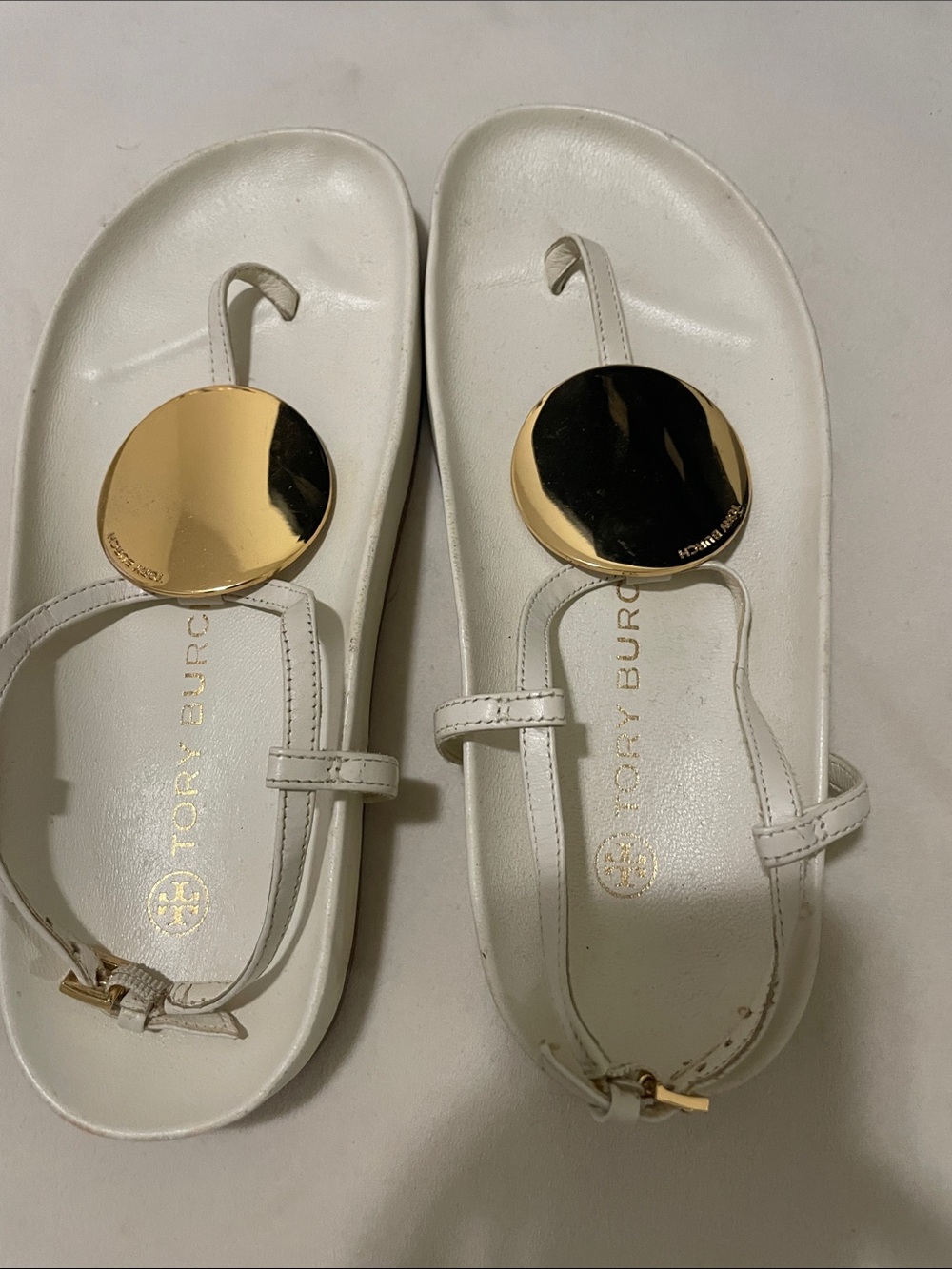 Tory Burch White Leather Thong Sandals with Gold
